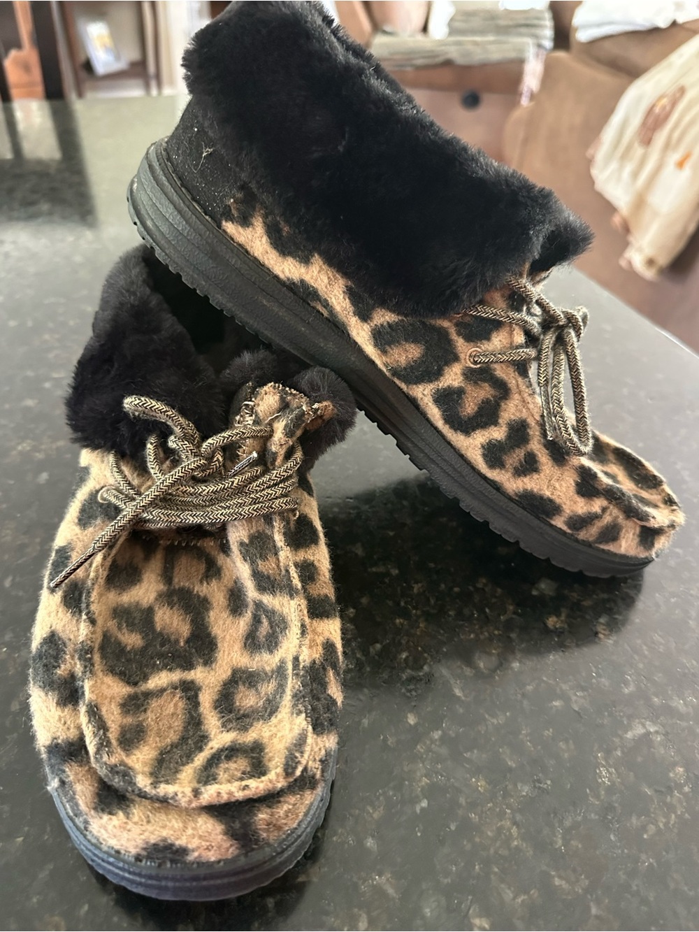 Hey Dude Leopard Print Slip-On Slippers with Black Faux Fur Trim